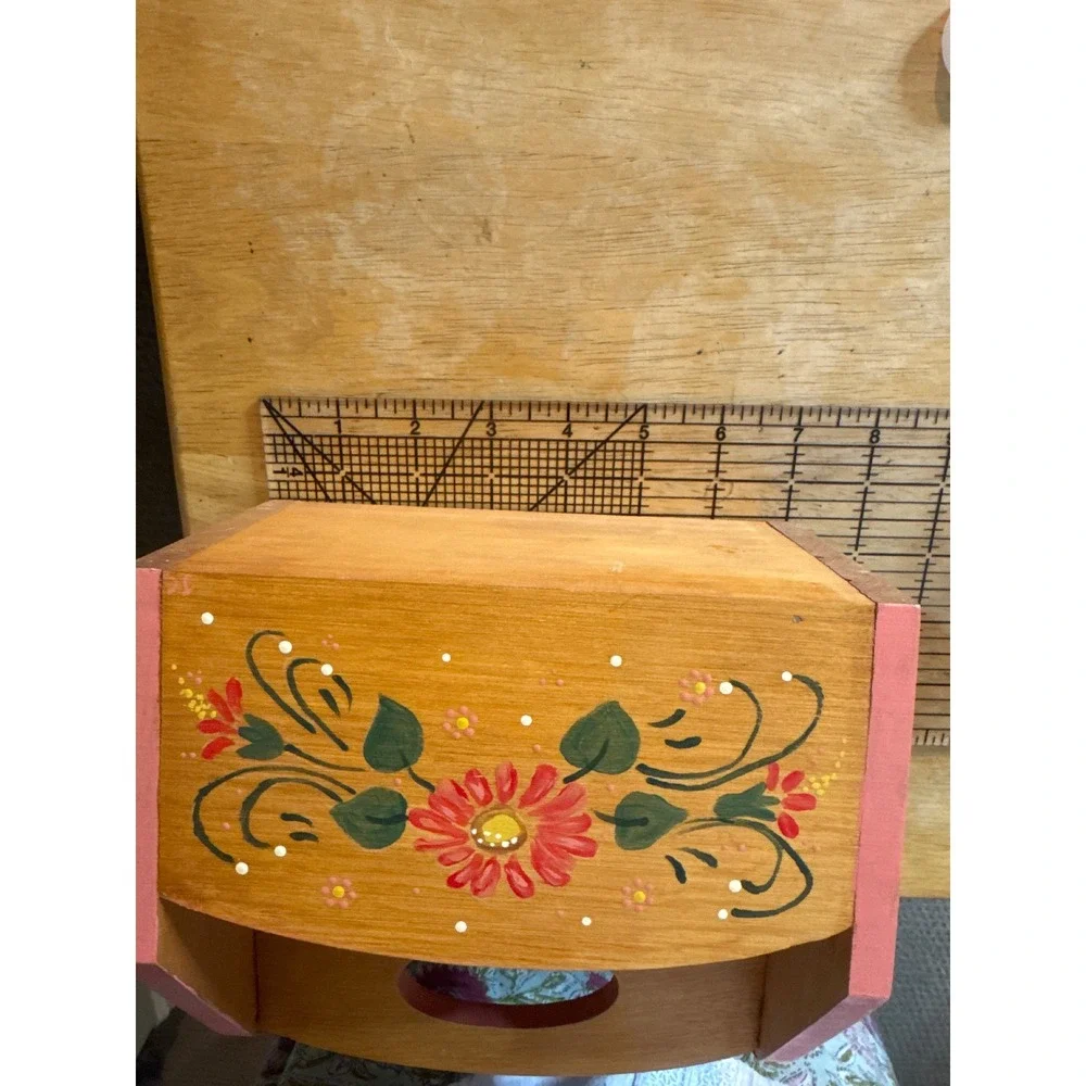 Vintage Hand Painted Wooden Floral Caddy Folk Art Mail Sorter Napkin Holder Pink